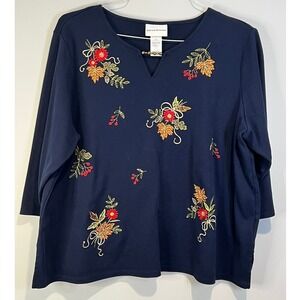 Alfred Dunner Classics XL Embroidered Falling Leaves Beaded Split Neck Top